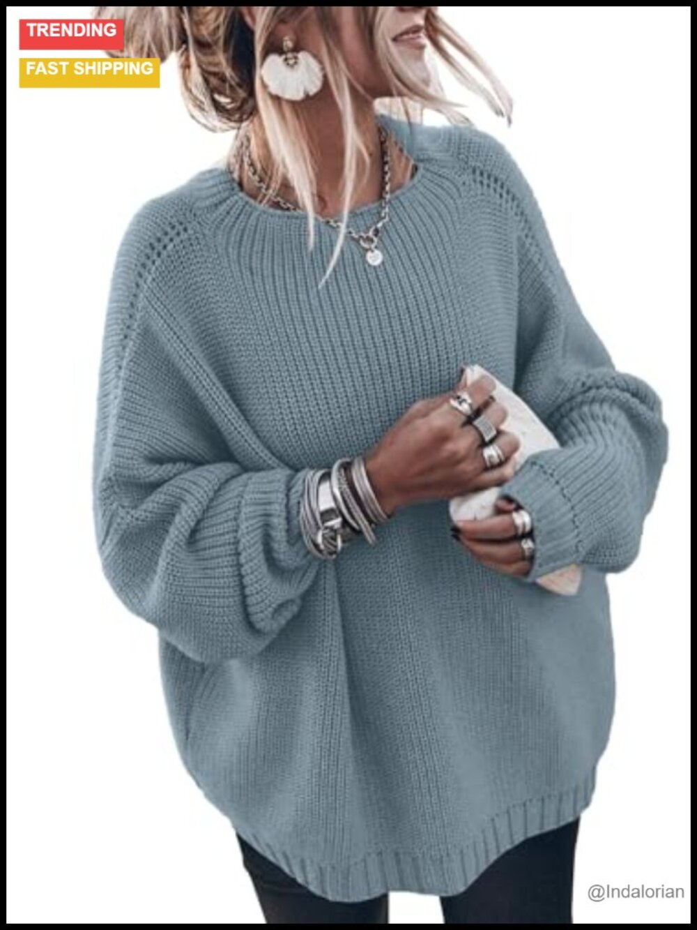 Oversized Chunky Knit Sweater Mock Neck Batwing Long Sleeve Pullover